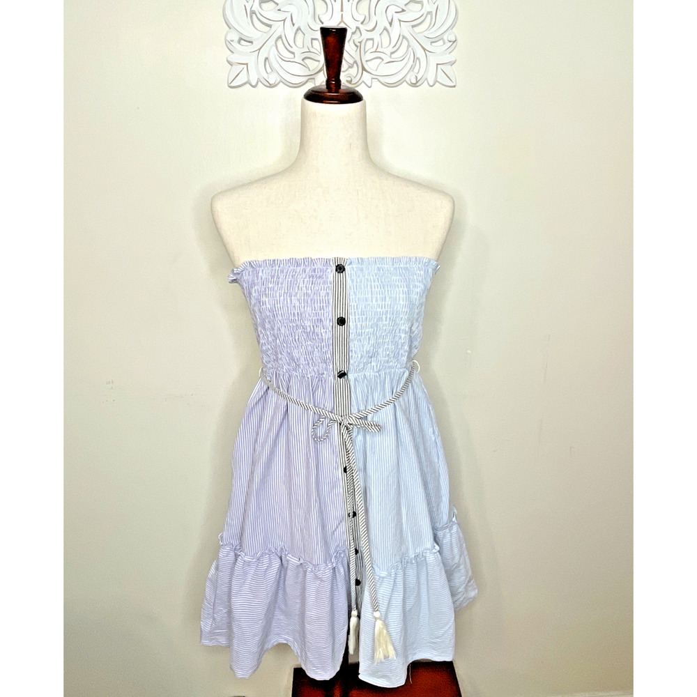 J. NNA size MEDIUM Strapless Sundress Smocked Bodice Tassel Tie Belt BLUE WHITE